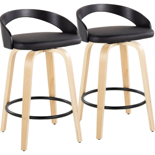 Grotto 26" Swivel Counter Stool in Natural Wood, Black Wood & Black Leatherette (Set of 2)